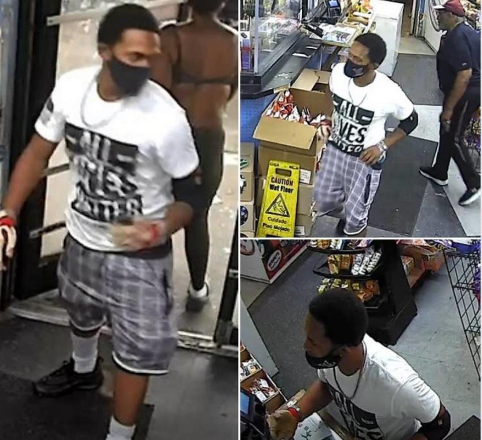 The Richland County Sheriff’s Department said the man shown in these surveillance camera photos is wanted in connection to a shooting.