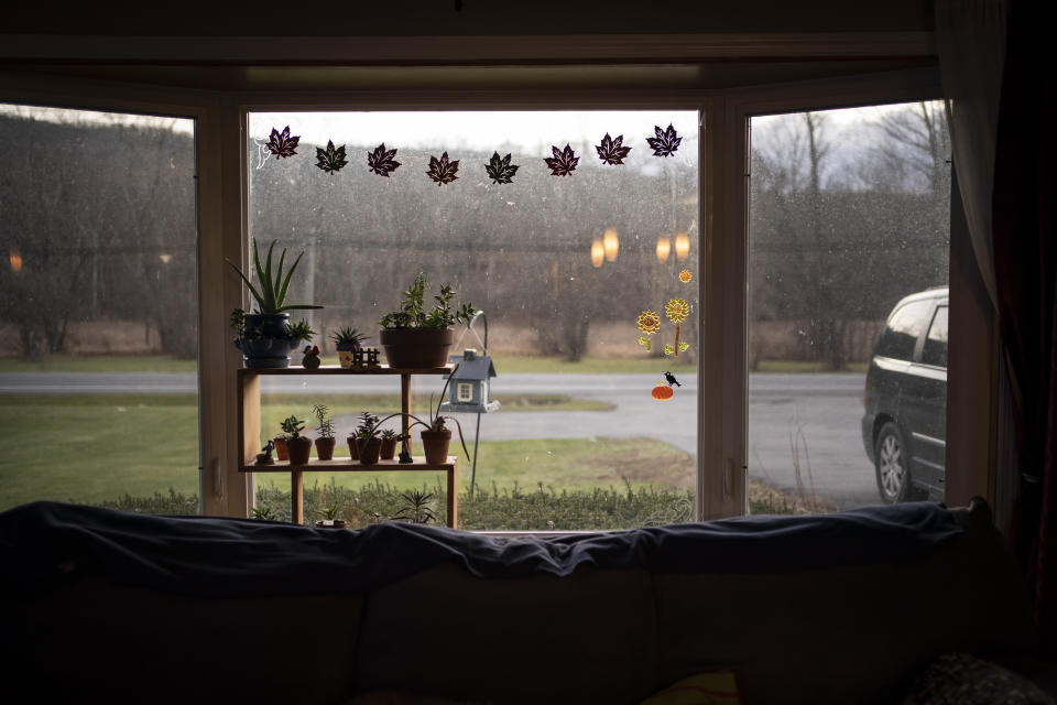 A quiet road is framed by the living room window where Betty Bednarowski, 79, lives with her daughter, Susan Ryder, and her husband, Jimmy Ryder, Monday, Nov. 29, 2021, in Rotterdam Junction, N.Y. The need for social connection was one of the reasons the family had initially resisted placing her in a nursing home. (AP Photo/Wong Maye-E)