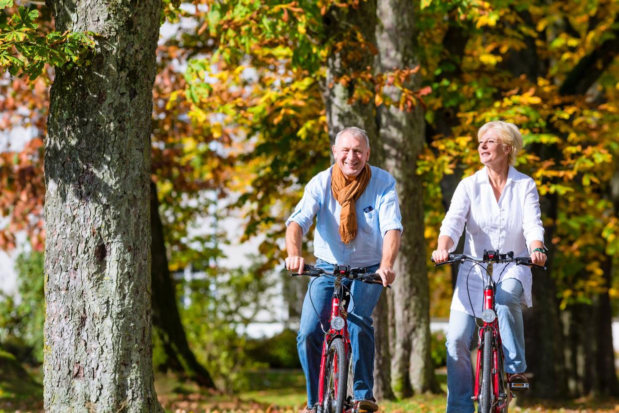 seniors on bicycles having tour in park