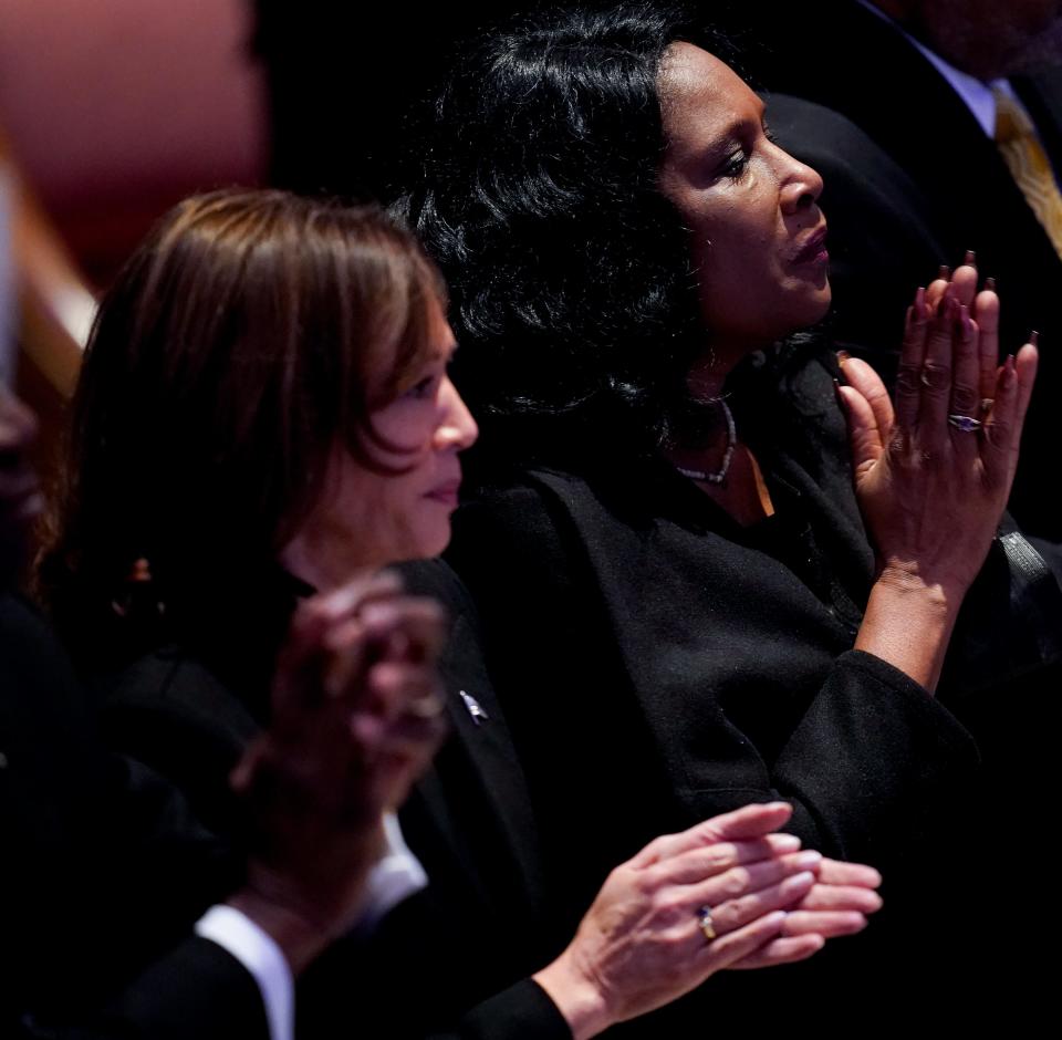 Vice President Kamala Harris sits with RowVaughn Wells during the funeral service for Wells' son Tyre Nichols at Mississippi Boulevard Christian Church in Memphis, Tenn., on Wednesday, Feb. 1, 2023.