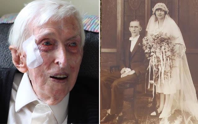 Alfred Date in 2015 (left) and 21-year-old Alfred his first wife Muriel on their wedding day in 1926.