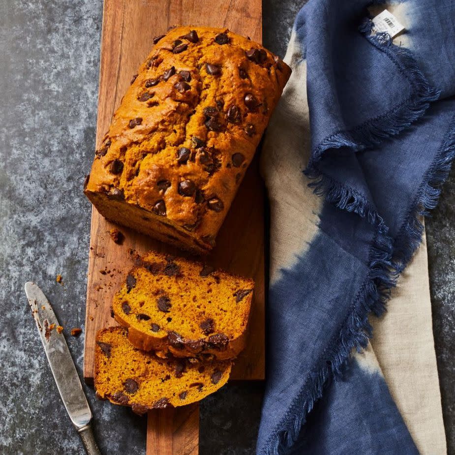 <p>Halloween treating should start first thing in the a.m., with a tasty slice of chocolately pumpkin bread.</p><p>Get the <a href="https://www.goodhousekeeping.com/food-recipes/easy/a33406715/pumpkin-chocolate-chip-bread-recipe/" rel="nofollow noopener" target="_blank" data-ylk="slk:Pumpkin Chocolate Chip Bread recipe;elm:context_link;itc:0;sec:content-canvas" class="link "><strong>Pumpkin Chocolate Chip Bread recipe</strong></a><em>.</em></p><p><strong>RELATED: </strong><a href="https://www.goodhousekeeping.com/food-recipes/g4201/best-brunch-recipes/" rel="nofollow noopener" target="_blank" data-ylk="slk:60 Best Brunch Recipes to Try This Weekend;elm:context_link;itc:0;sec:content-canvas" class="link ">60 Best Brunch Recipes to Try This Weekend</a><br></p>