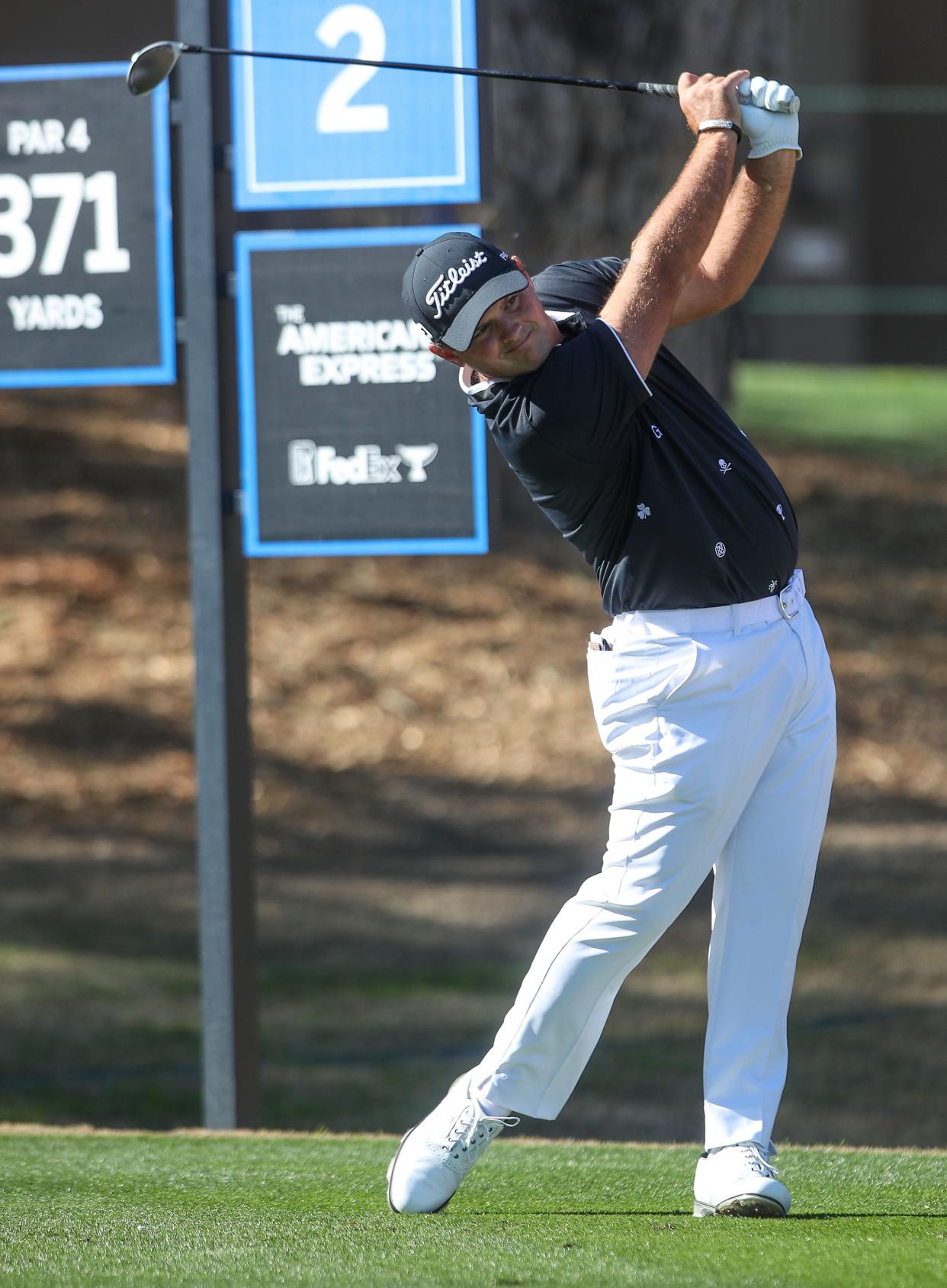 Patrick Reed tees off on the 2nd hole of the Stadium Course during the American Express at PGA West in La Quinta, January 21, 2021. 