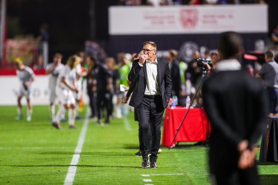 Phoenix Rising FC head coach Rick Schantz walks to his bench after San Diego Loyal scored their third goal of the night to set the score at 3-2 during the second half against San Diego Loyal on Saturday, March 26, 2022, in Chandler. Phoenix Rising FC lost the match 3-2.