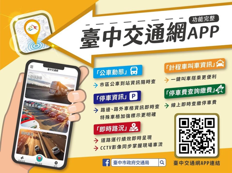 鼓勵民眾下載臺中交通網app，輕鬆掌握相關交通資訊。   台中市政府/提供