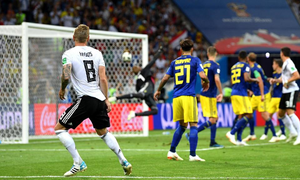 Toni Kroos watches as his stunning free-kick beats the despairing dive of Sweden’s goalkeeper, Robin Olsen, to seal Germany’s victory with almost the last kick of the game.