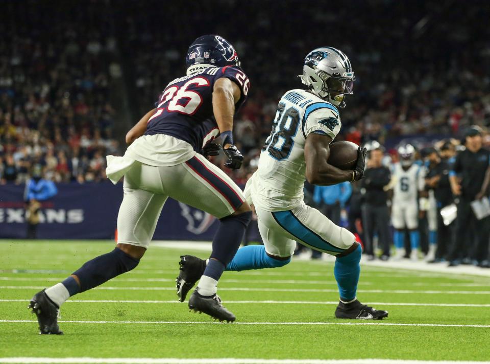 Carolina Panthers wide receiver Terrace Marshall Jr. (88) makes a reception as Houston Texans cornerback Vernon Hargreaves III (26) defends during the fourth quarter at NRG Stadium.