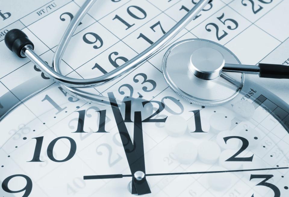A collage of a clock and a calendar with a stethoscope