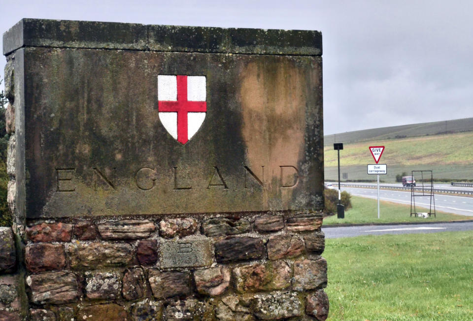 The English side of the border between Scotland and England at Berwick-Upon-Tweed, England, Tuesday, May 4, 2021. Scotland holds an election Thursday that could hasten the breakup of the United Kingdom. The pro-independence Scottish National Party is leading in the polls and a big victory will give it the the moral right and the political momentum to hold a referendum on whether Scotland should end its three-century union with England. But many voters, even if they support independence, are cautious. (AP Photo/Renee Graham)