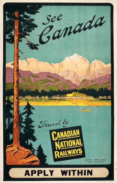 1924 ‘See Canada – Travel by Canadian National Railways – Jasper Park Lodge, Rocky Mountains’ poster. (BiblioArchives/LibraryArchives/Flickr), <a href="http://creativecommons.org/licenses/by/4.0/" rel="nofollow noopener" target="_blank" data-ylk="slk:CC BY;elm:context_link;itc:0;sec:content-canvas" class="link ">CC BY</a>