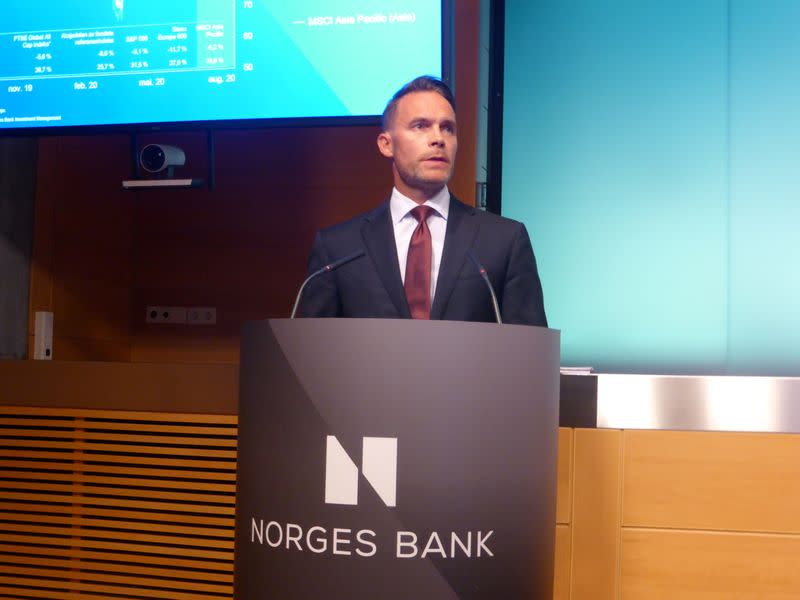 FILE PHOTO: The deputy CEO of the Norwegian sovereign wealth fund Trond Grande speaks at a news conference at the Norwegian central bank in Oslo