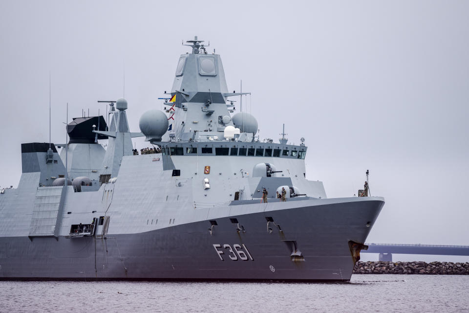 The frigate Iver Huitfeldt, number F361, arrives at the base port at Fleet Station Korsoer, Denmark, Thursday, April 4, 2024. Denmark's Armed Forces said a technical problem arose with a Harpoon missile on board the Danish frigate HDMS Niels Juel, number F363, the sister ship of the Iver Huitfeldt, as it was taking part in a test while anchored in the Korsoer naval base. (Ida Marie Odgaard/Ritzau Scanpix via AP)