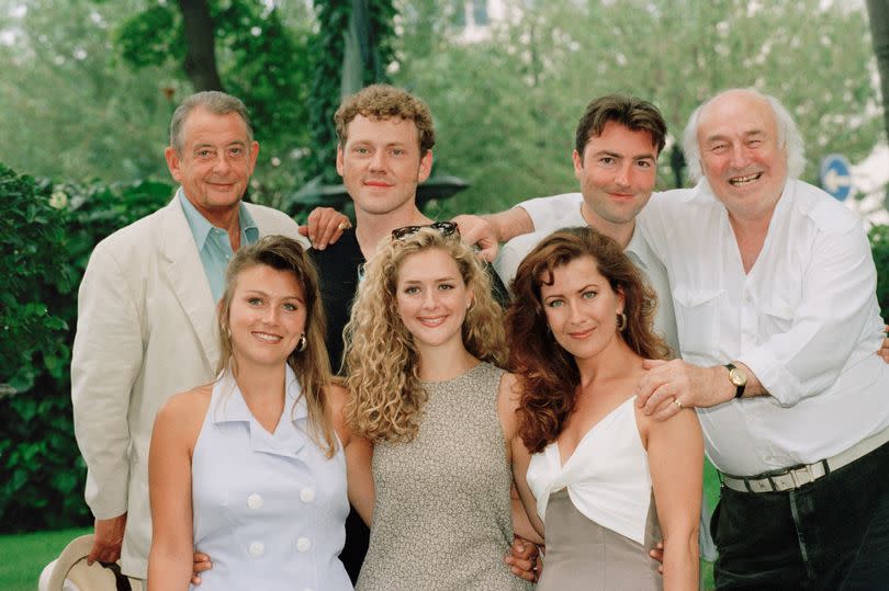 A photocall for the television series 'Heartbeat', August 19,1996. From left to right (back row), actors Derek Fowlds, Mark Jordon, Nick Berry, Bill Maynard; (front row)  Tricia Penrose, Juliette Gruber and Kazia Pelka