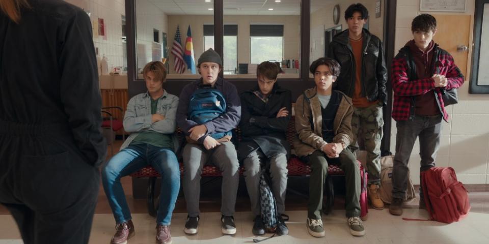 My Life with the Walter Boys. (L to R) Noah LaLonde as Cole, Connor Stanhope as Danny, Corey Fogelmanis as Nathan, Myles Perez as Lee, Isaac Arellanes as Isaac and Ashby Gentry as Alex in episode 107 of My Life with the Walter Boys. Cr. Courtesy of Netflix/© 2023 Netflix, Inc.