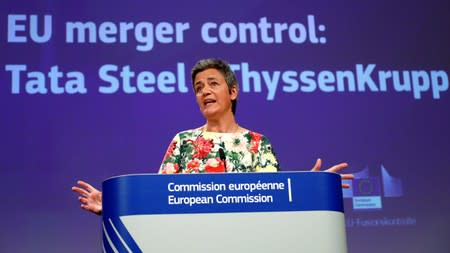 EU Competition Commissioner Vestager addresses a news conference in Brussels