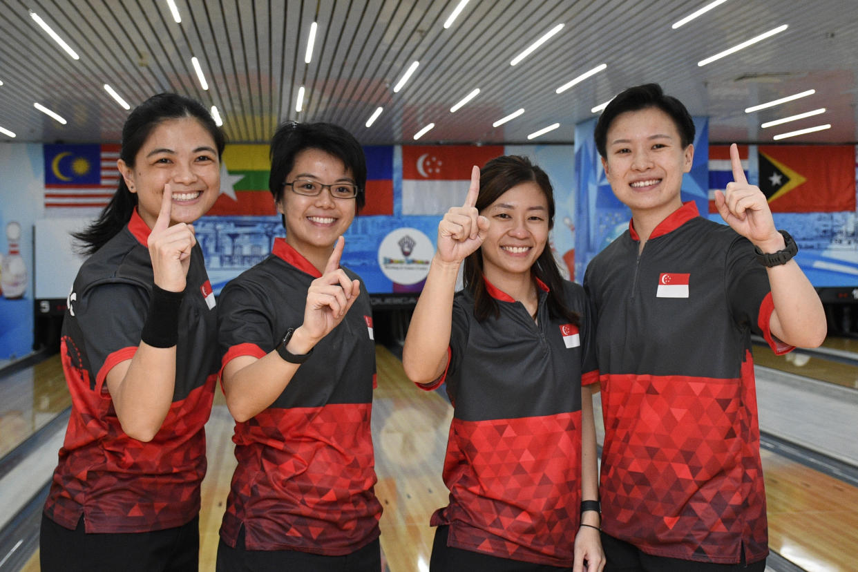 Singapore's gold-winning women's bowling team: (from left) Daphne Tan, Cherie Tan, Bernice Lim and New Hui Fen. (PHOTO:: Sport Singapore/ Alfie Lee)