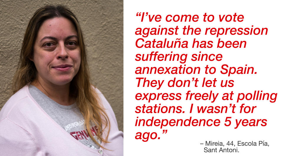 <p>“I’ve come to vote against the repression Cataluña has been suffering since annexation to Spain. They don’t let us express freely at polling stations. I wasn’t for independence since 5 years ago. The Popular Party has been directing more people towards an independence ideal than others.” (Photograph by Jose Colon/ MeMo for Yahoo News) </p>
