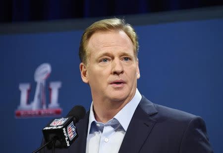 Feb 1, 2017; Houston, TX, USA; NFL commissioner Roger Goodell during a press conference in preparation for Super Bowl LI at George R. Brown Convention Center. Mandatory Credit: Kirby Lee-USA TODAY Sports -