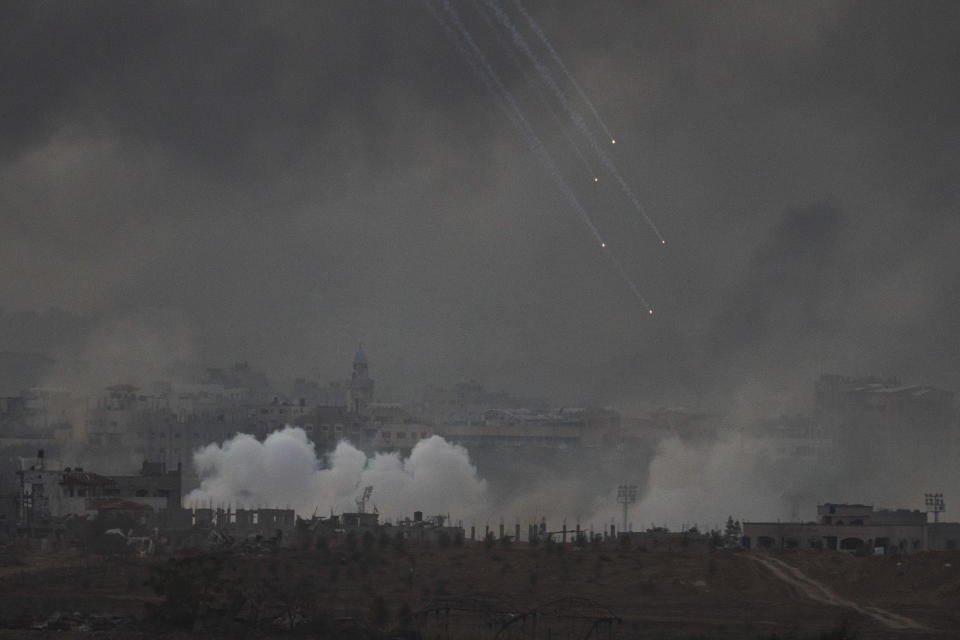 Smoke rises following an Israeli shelling in the Gaza Strip, as seen from southern Israel, Wednesday, Nov. 22, 2023. (AP Photo/Leo Correa)