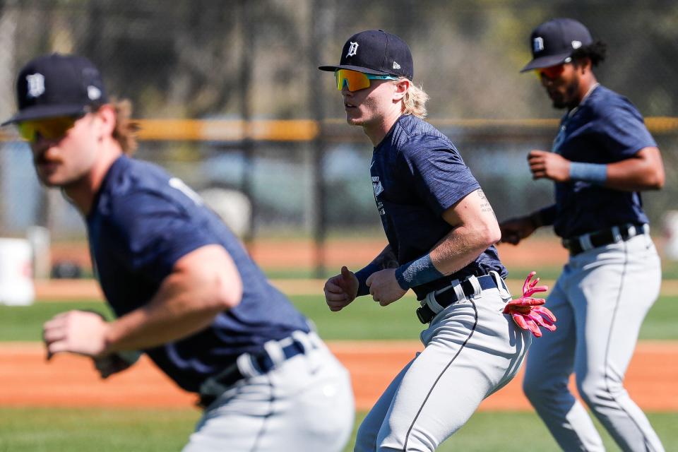 Detroit Tigers outfielder prospect Max Clark works out during spring training at TigerTown in Lakeland, Fla. on Thursday, Feb. 22, 2024.