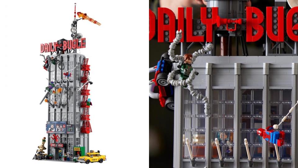 Split screen with LEGO's full Daily Bugle set completely constructed and a detail of the outside with Dr. Octopus and Spider-Man minifigs