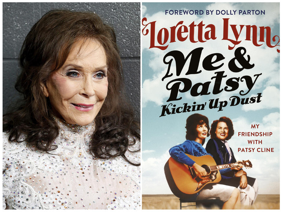 This combination photo shows Loretta Lynn posing for a photo at the Municipal Auditorium in Nashville, Tenn. on Feb. 10, 2016, left, and the cover image for her book "Me & Patsy Kickin’ Up Dust: My Friendship with Patsy Cline," which was released on Tuesday, April 7. (Photo by Donn Jones/Invision/AP, left, and Grand Central via AP)