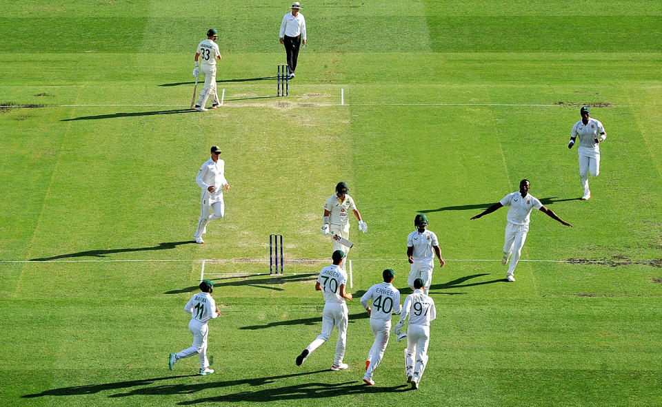 The green pitch at the Gabba, pictured here during the first Test between Australia and South Africa.