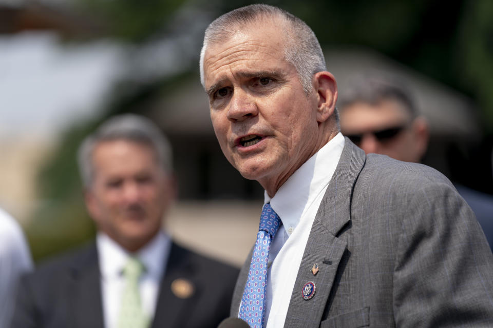 FILE - U.S. Rep. Matt Rosendale, R-Mont., speaks at a news conference on Capitol Hill in Washington on July 29, 2021. (AP Photo/Andrew Harnik, File)