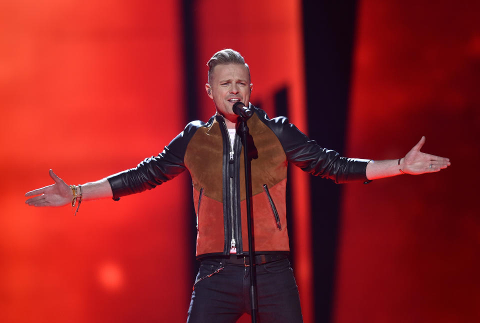 Ireland's Nicky Byrne performs the song 'Sunlight' during the second Eurovision Song Contest semifinal in Stockholm, Sweden, Thursday, May 12, 2016. (AP Photo/Martin Meissner)