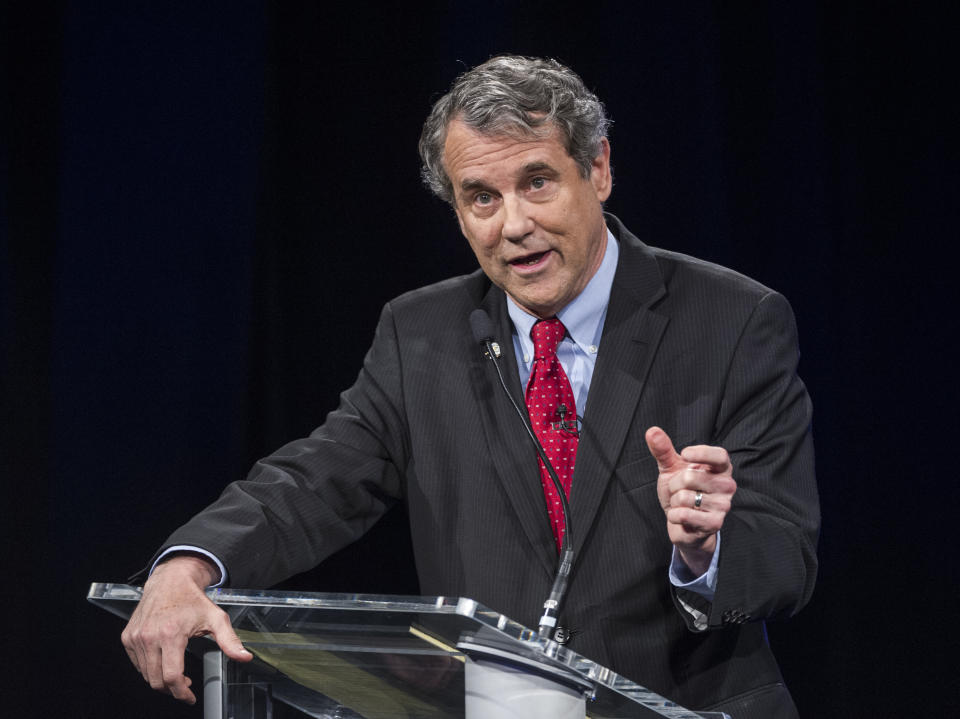 Sen. Sherrod Brown, D-Ohio speaks during a debate at the Idea Center in Playhouse Square, Sunday, Oct. 14, 2018, in Cleveland. (AP Photo/Phil Long, Pool)