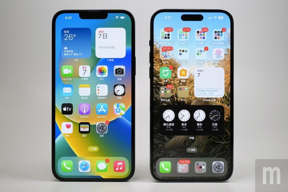 ▲iPhone 14 Plus與今年一同推出的iPhone 14 Pro Max採用相同6.7吋螢幕尺寸設計，但兩者仍有動態島 (Dynamic Island)，同時也未支援最高對應120Hz畫面更新率的ProMotion自動適應更新頻率技術，以及永遠顯示 (Always on)功能，以及最高亮度表現等差異