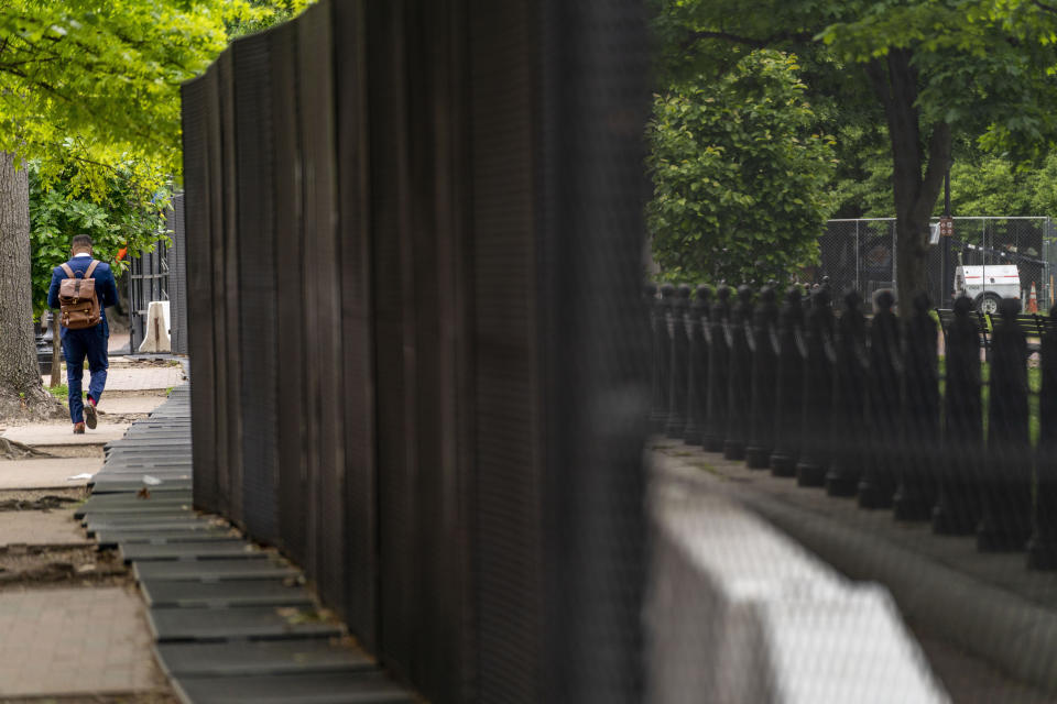 Lafayette Park, across the street from the White House, reopens in a limited capacity in Washington, Monday, May 10, 2021. Fencing remains in place around the park which will allow the Secret Service to temporarily close the park as they deem necessary. (AP Photo/Andrew Harnik)