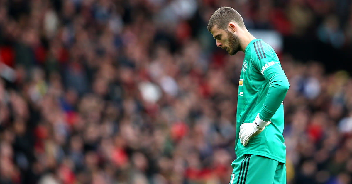  Manchester United goalkeeper David De Gea looks dejected during the Premier League match between Manchester United and Chelsea FC at Old Trafford on April 28, 2019 in Manchester, United Kingdom. 