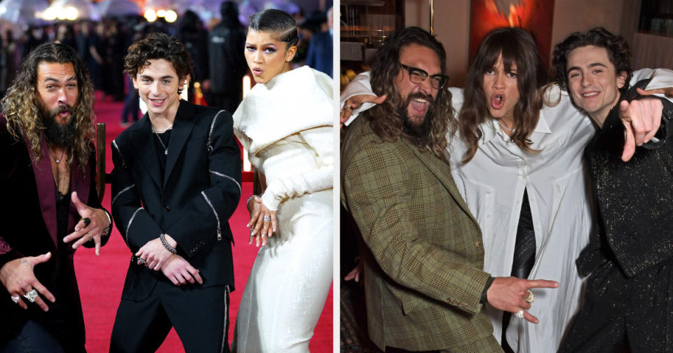 Zendaya, Timmy, and Jason Momoa making funny faces at the cameras.