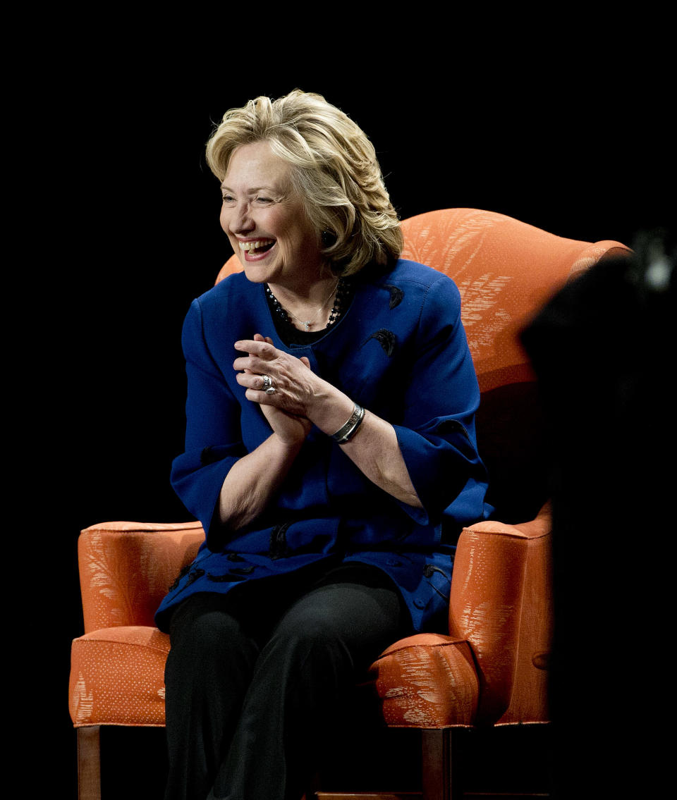 Former secretary of state Hillary Clinton reacts to a question about her future plans after she spoke to a group of supporters and University of Miami students at UM in Coral Gables, Fla., Wednesday, Feb. 26, 2014. (AP Photo/J Pat Carter)