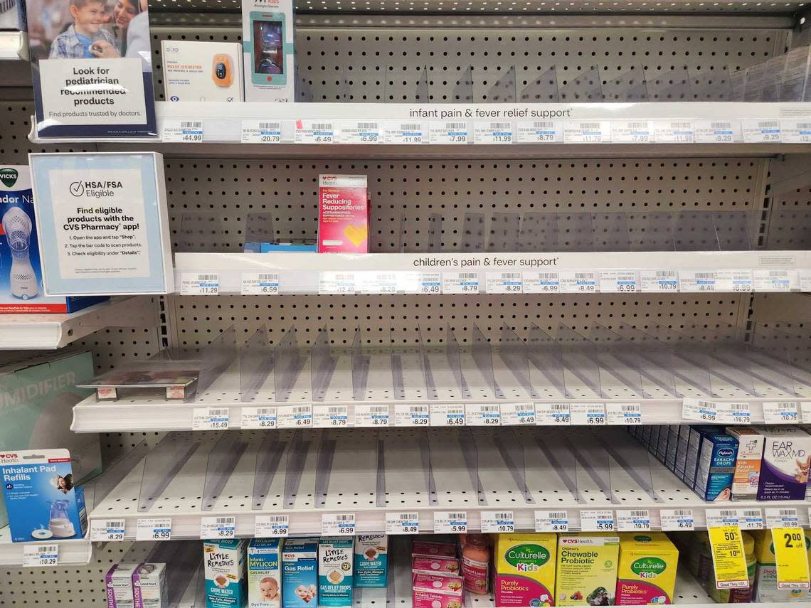 Empty shelves at the children’s medicine section at a CVS Pharmacy on Fairview Avenue in Boise Jan. 17.