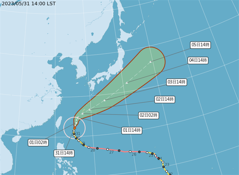 瑪娃颱風今（31）日 14時位於鵝鑾鼻東方約 440 公里海面上，以每小時約 14 公里的速度向北北東進行，颱風暴風圈正掠過東南部海面。（翻攝自中央氣象局／林良齊台北傳真）