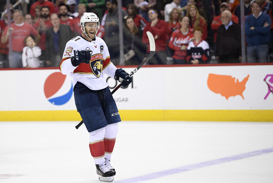 Florida Panthers left wing Jonathan Huberdeau celebrates his deciding goal in a shootout of an NHL hockey game against the Washington Capitals, Friday, Oct. 19, 2018, in Washington. (AP Photo/Nick Wass)