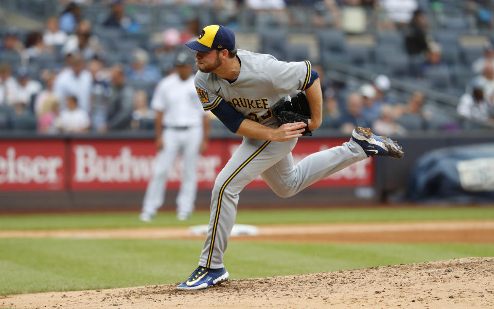 Milwaukee Brewers starting pitcher Corbin Burnes (39) follows through on a pitch against the New York Yankees during the third inning of a baseball game, Sunday, Sept.10, 2023, in New York. (AP Photo/Noah K. Murray)