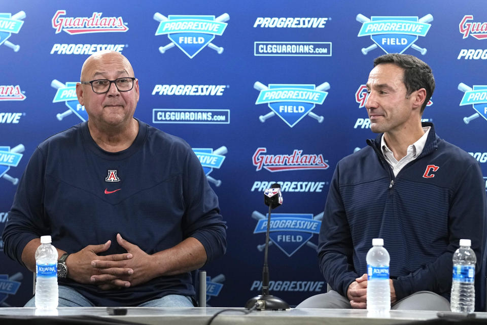 Cleveland Guardians manager Terry Francona, left, discusses his decision to step away from baseball during a news conference Tuesday, Oct. 3, 2023, in Cleveland. At right is Guardians president Chris Antonetti. (AP Photo/Sue Ogrocki)