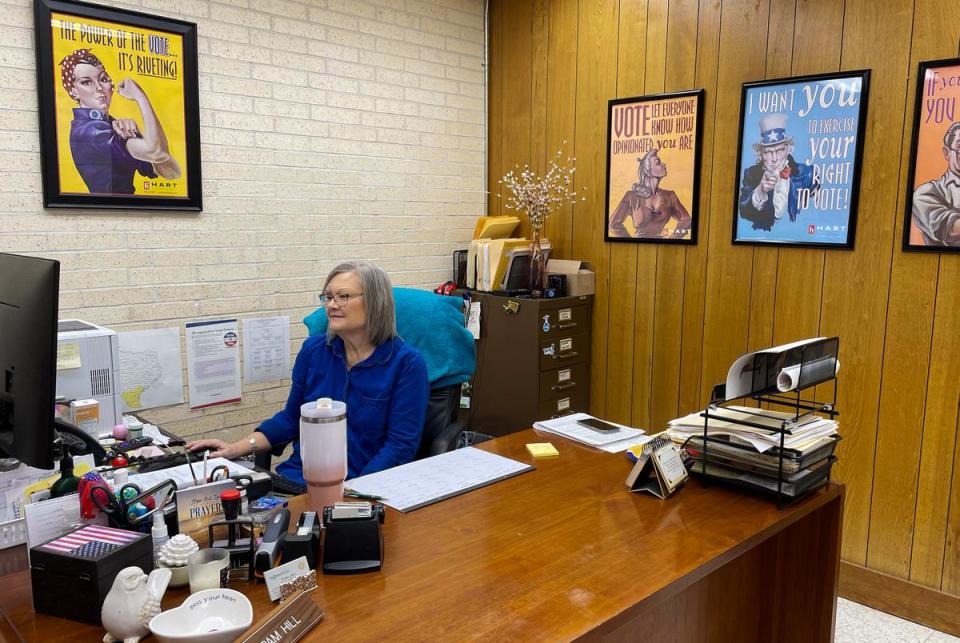 Pam Hill, San Patricio County elections administrator stands in the county’s main early voting location inside the elections administration office in Sinton, Texas on Jan. 26, 2024.