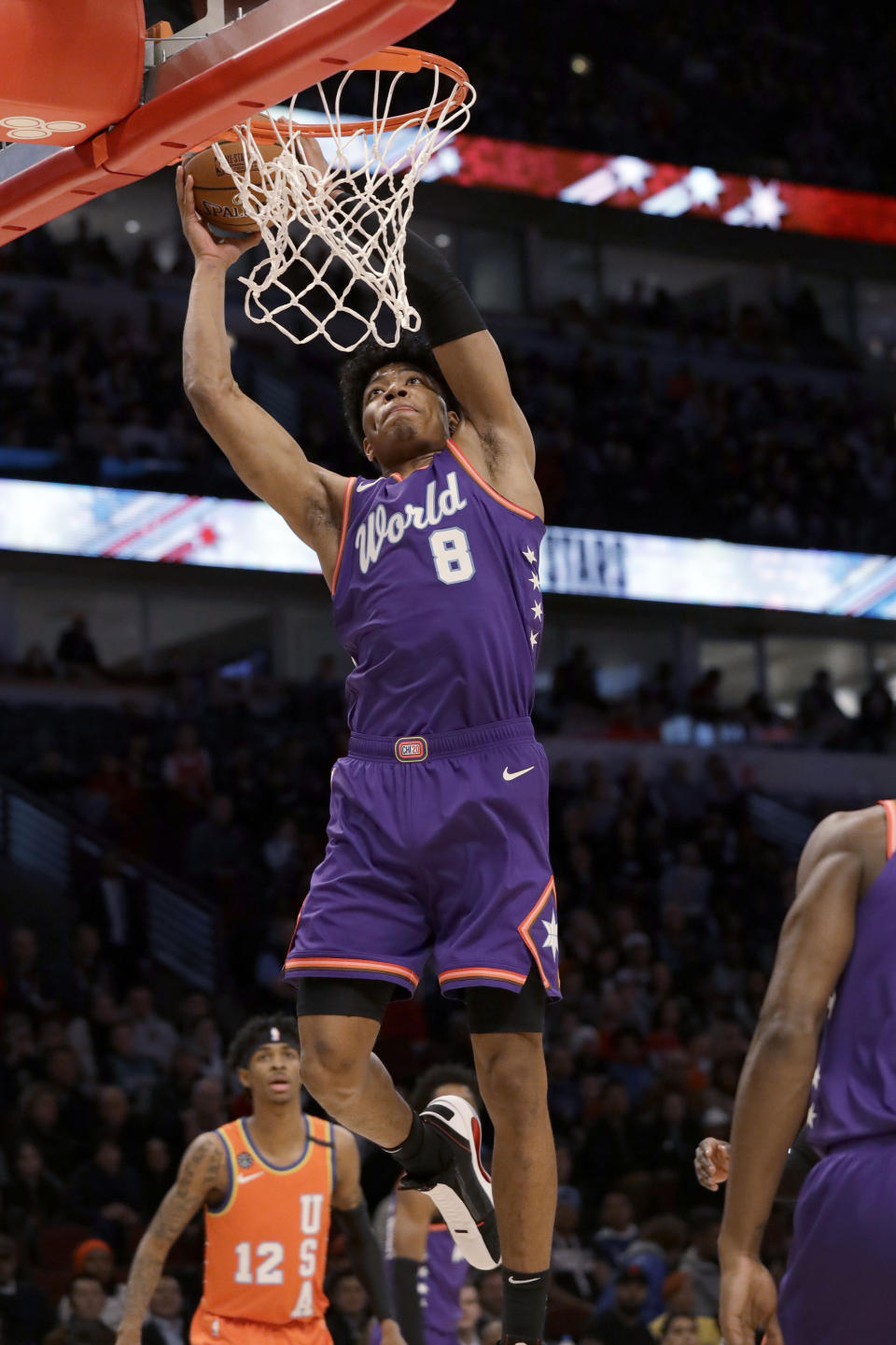 World forward Rui Hachimura, of the Washington Wizards, goes up for a dunk against the United States during the first half of the NBA Rising Stars basketball game in Chicago, Friday, Feb. 14, 2020. (AP Photo/Nam Y. Huh)