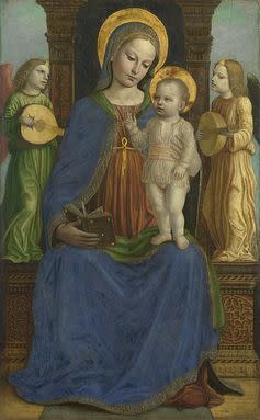 <span class="caption">Bernardino Bergognone, Virgin and Child with Two Angels, 1490-95, oil on panel.</span> <span class="attribution"><span class="source">National Gallery, London.</span>, <a class="link " href="http://creativecommons.org/licenses/by-nc/4.0/" rel="nofollow noopener" target="_blank" data-ylk="slk:CC BY-NC;elm:context_link;itc:0;sec:content-canvas">CC BY-NC</a></span>