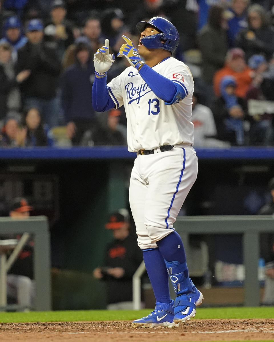 Kansas City Royals' Salvador Perez celebrates after hitting a three-run home run during the sixth inning of a baseball game against the Baltimore Orioles Saturday, April 20, 2024, in Kansas City, Mo. (AP Photo/Charlie Riedel)