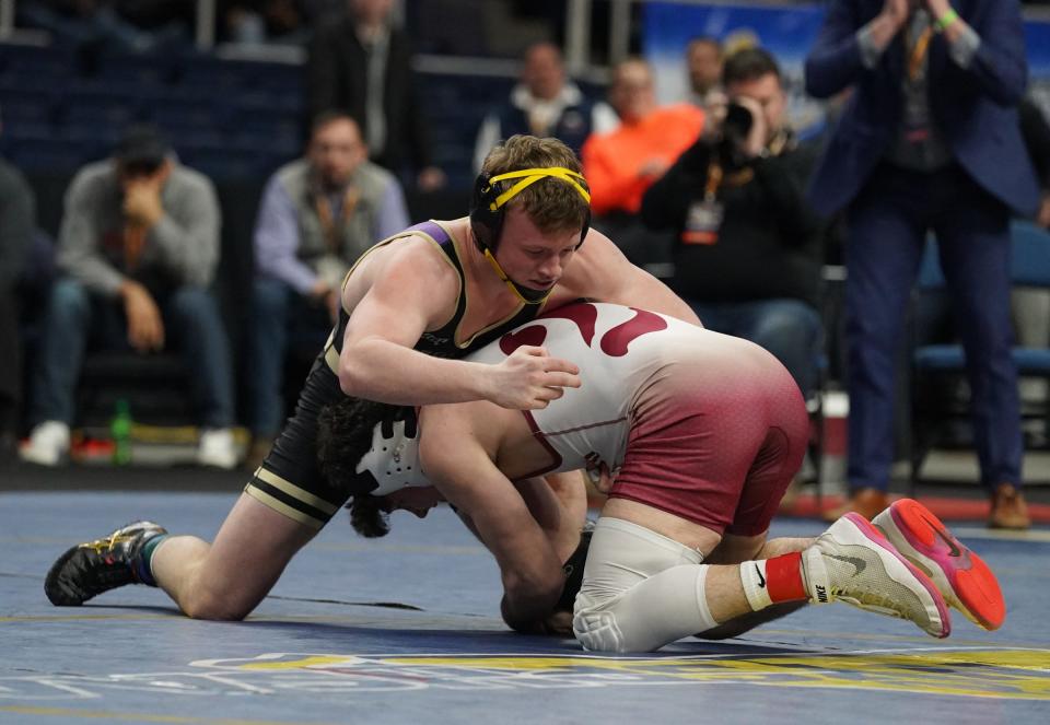 South Seneca's Caleb Sweet wrestles in the Division II 145-pound championship match at the NYSPHSAA Wrestling Championships at MVP Arena in Albany, on Saturday, February 25, 2023.