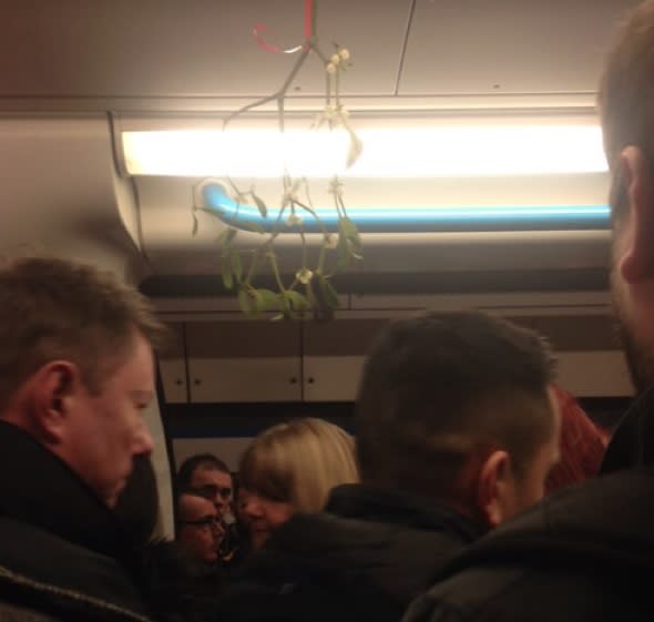 London commuters find mistletoe hanging on the Tube