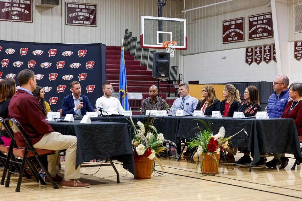 Ryan Walters addresses the group gathered at an April 26 roundtable at the Warner Public School Event Center in Warner.