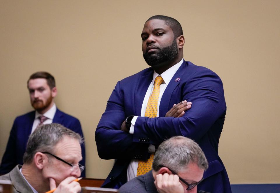 Rep. Byron Donalds, R-Fla., looks over to Democratic committee members during the House Committee on Oversight and Accountability hearing on border and immigration issues on February 7, 2023 in Washington.