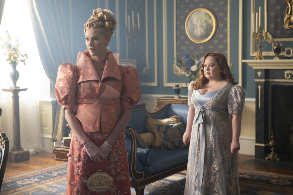 Bridgerton. (L to R) Jessica Madsen as Cressida Cowper, Nicola Coughlan as Penelope Featherington in episode 308 of Bridgerton. Cr. Liam Daniel/Netflix © 2024