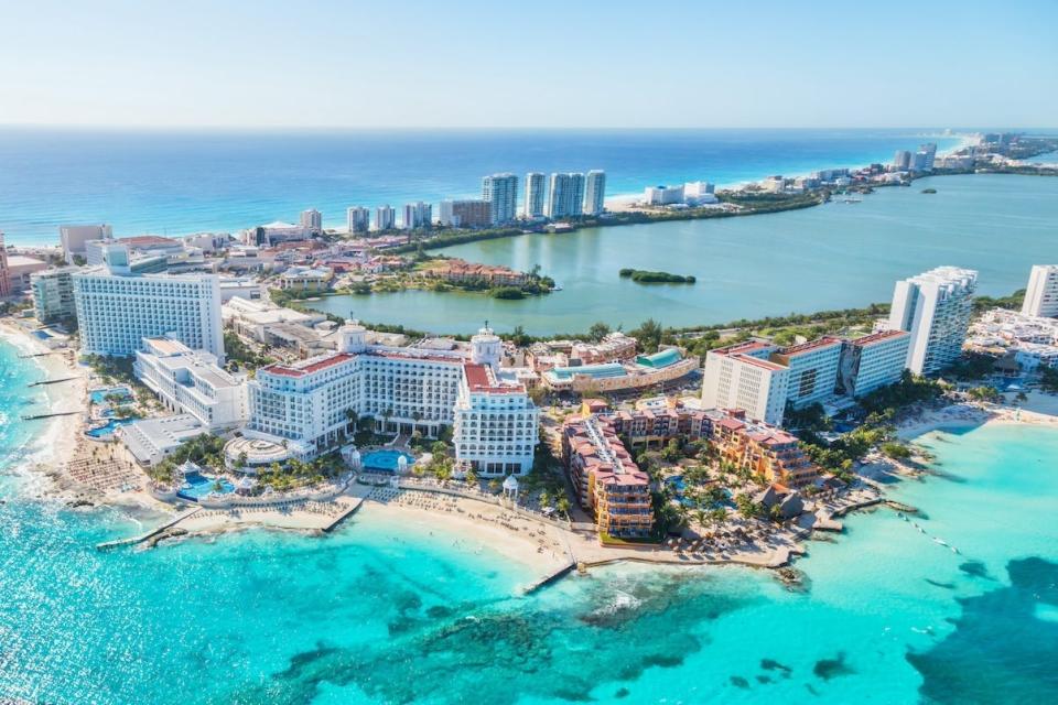 A grouping of hotels and resorts in Cancún, Mexico.